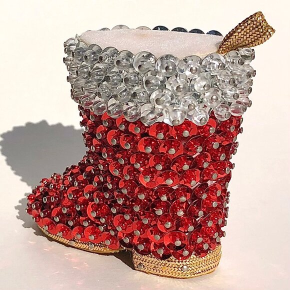 Vintage Push Pin Christmas Ornament Santa's Boot Handcrafted Red Sequins Beaded - Picture 6 of 14